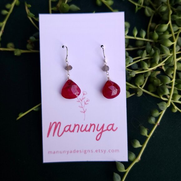 Ruby Dangle Earrings - Semi-Precious Ruby, Labradorite & Carnelian - Picture 5 of 10